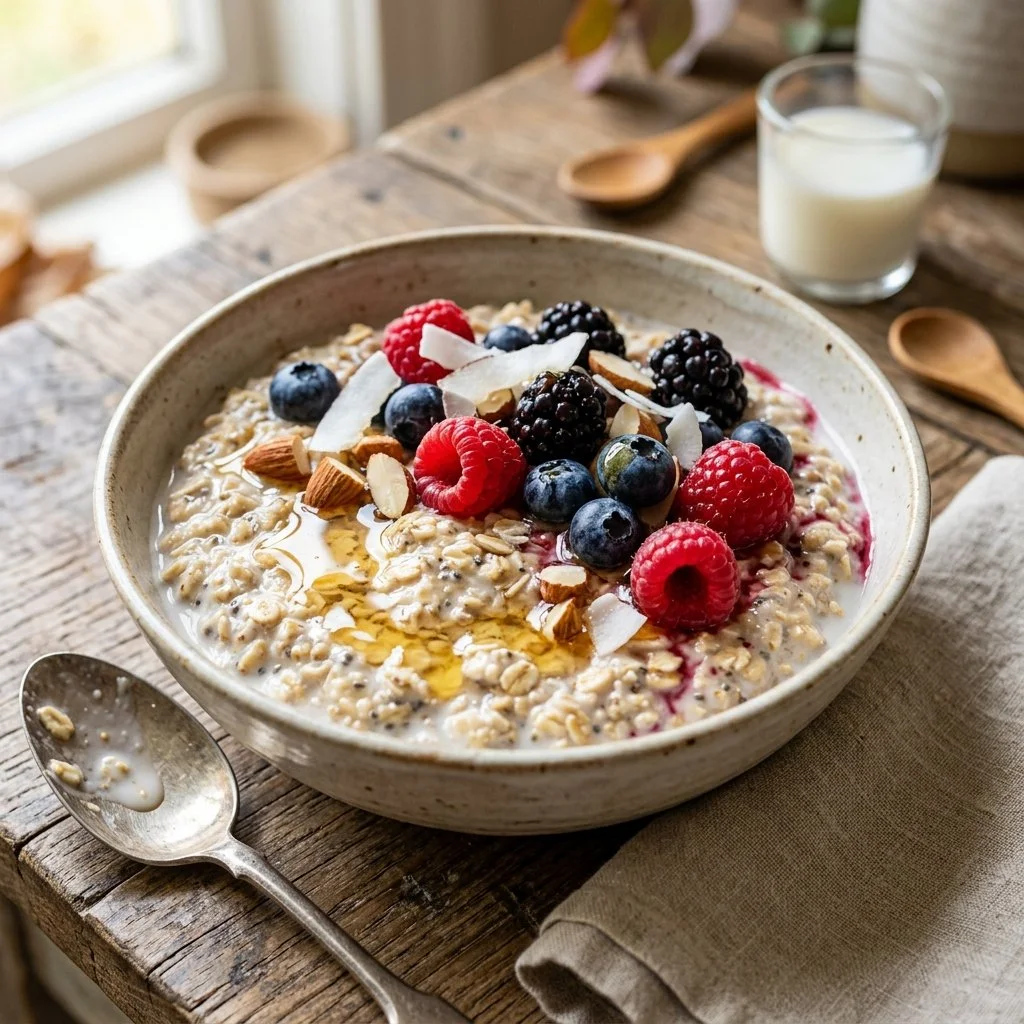 Bowl of colorful overnight oats topped with fruits and nuts