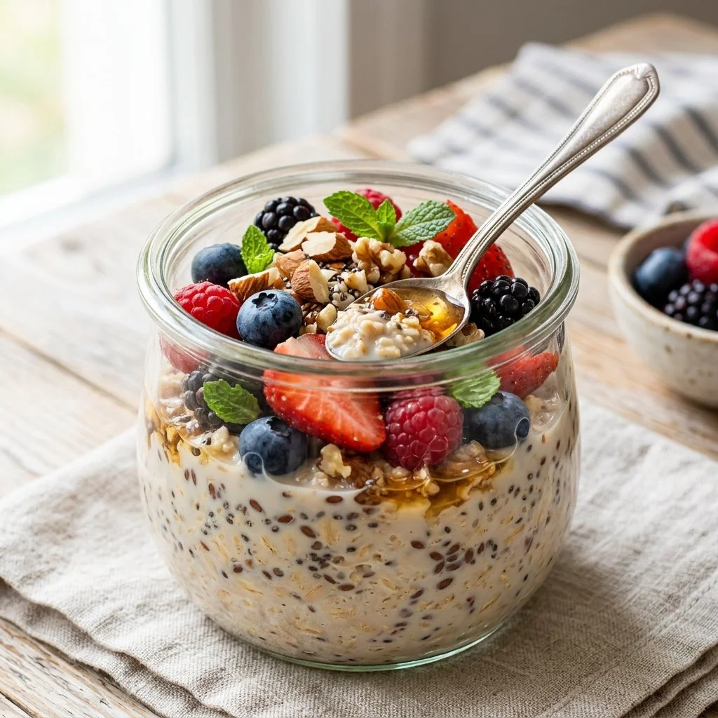 Delicious bowl of overnight oats topped with fruits and nuts