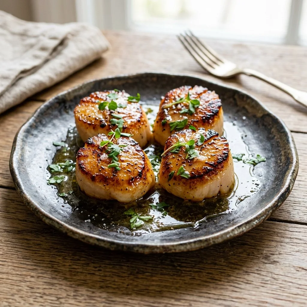 Delicious pan seared scallops served on a plate with garnish