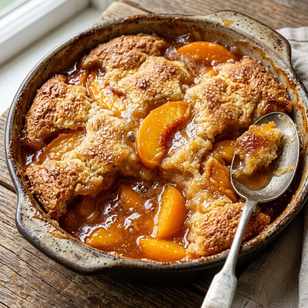 Delicious peach cobbler dessert served warm with ice cream