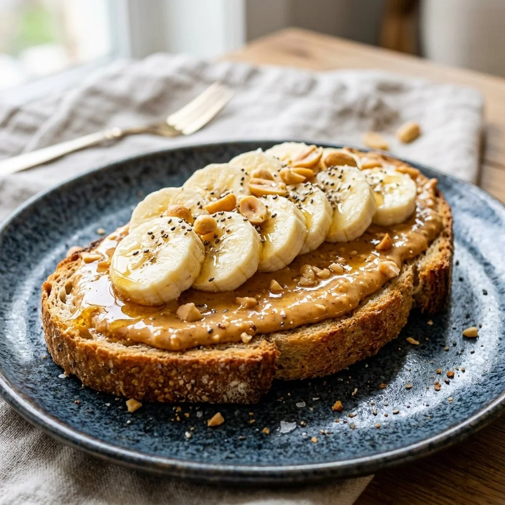 Delicious Peanut Butter Banana Toast topped with slices of banana.