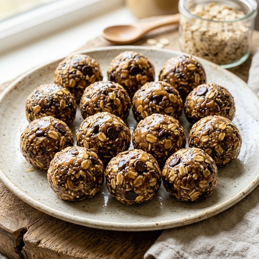 Peanut butter energy balls stuffed with oats and chocolate chips