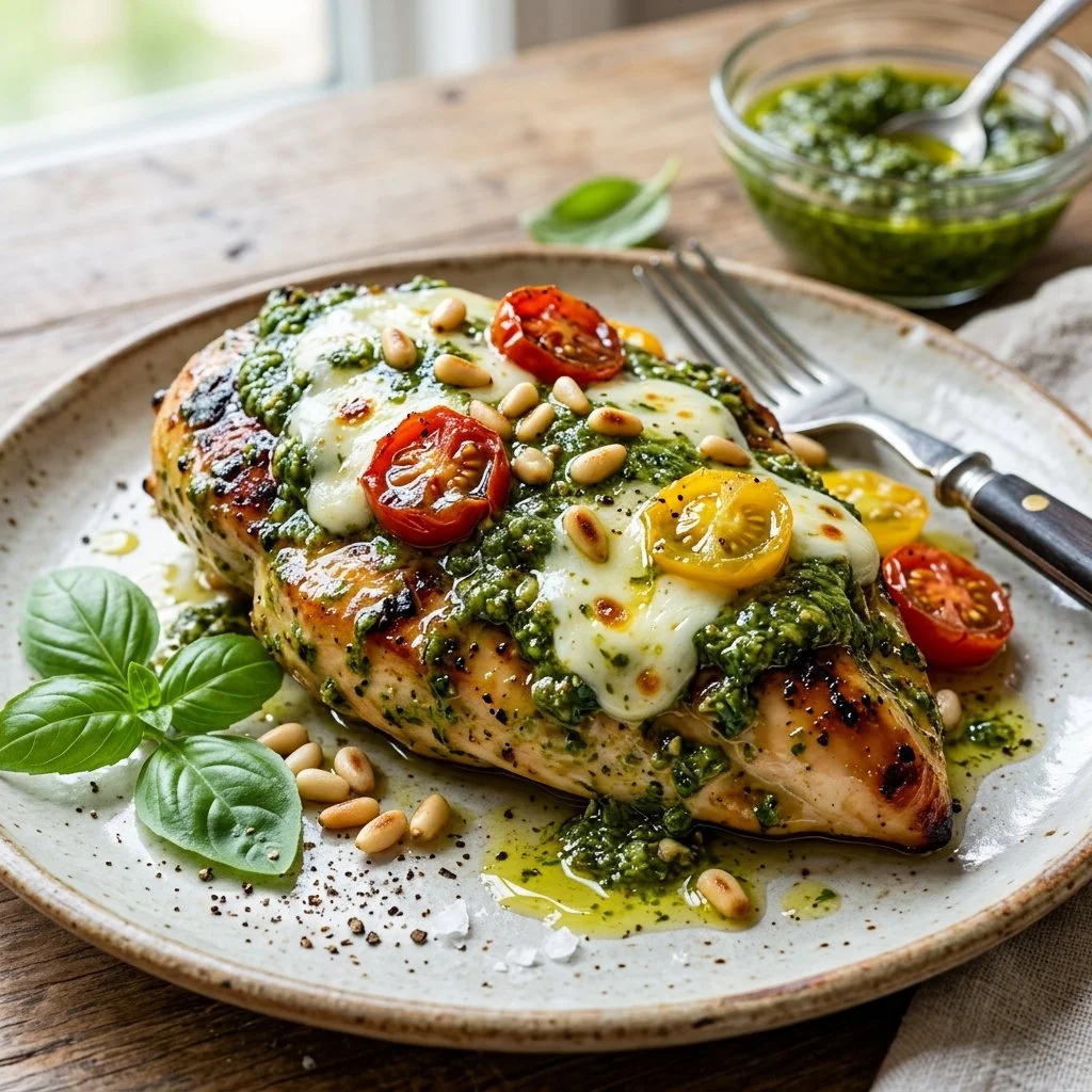 Juicy Pesto Chicken Breast garnished with fresh basil and served with vegetables.