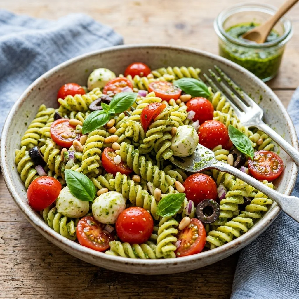 A bowl of colorful pesto pasta salad with fresh vegetables and herbs