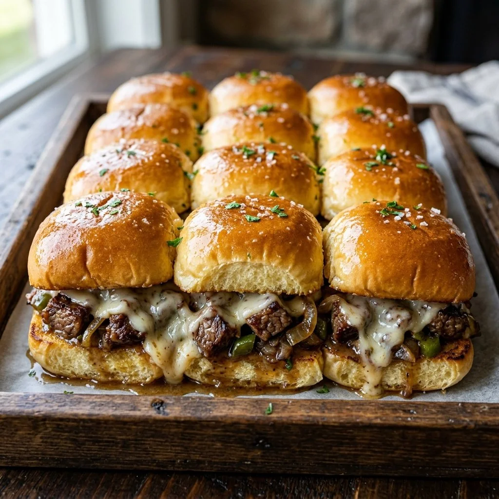 Philly Cheesesteak Sliders served on a platter with toppings.