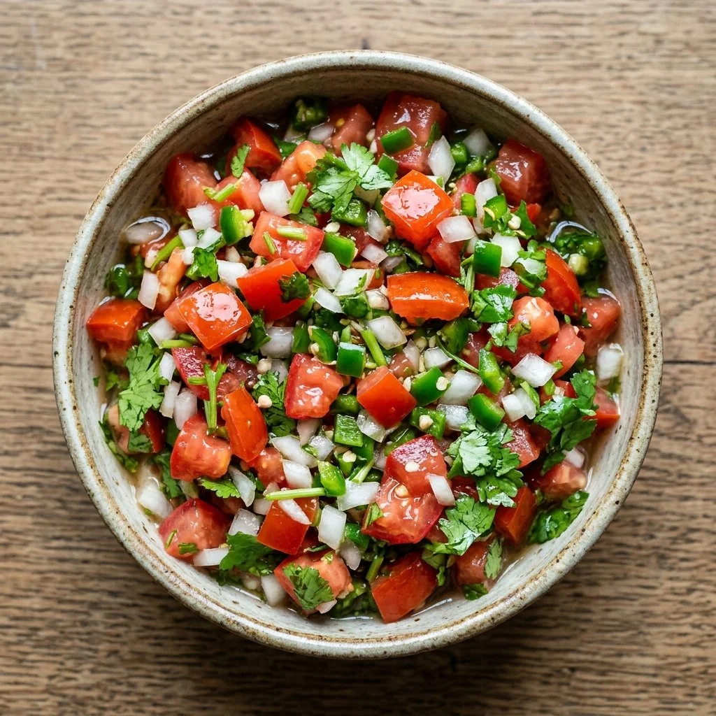 A bowl of fresh Pico de Gallo salsa with tomatoes, onions, cilantro, and lime.