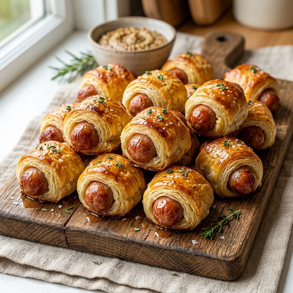 Plate of homemade pigs in a blanket served with mustard sauce.
