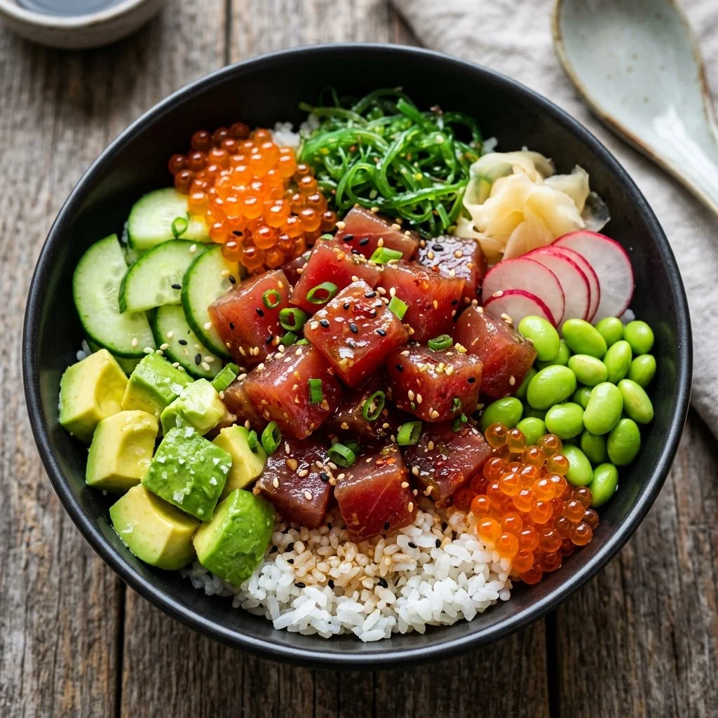 Delicious poke bowl with fresh fish, rice, and colorful toppings