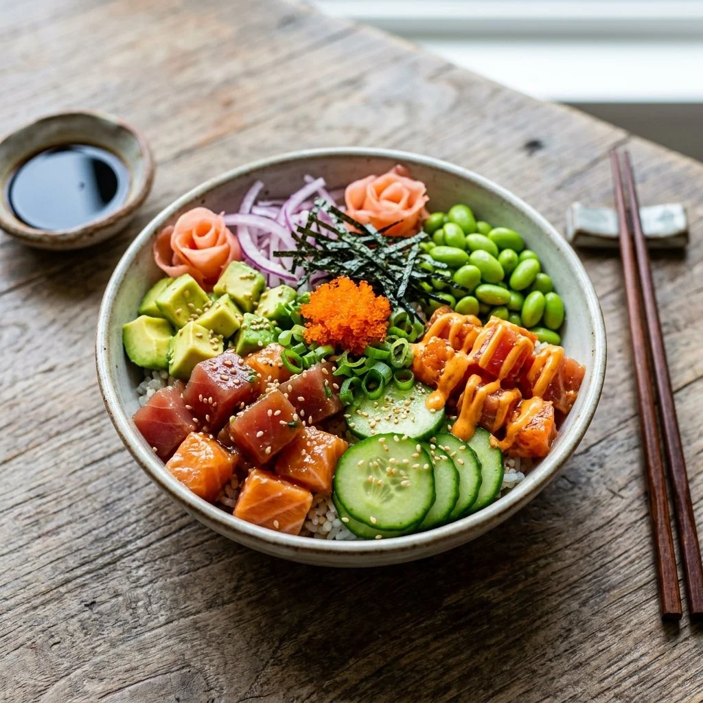 Delicious homemade poke bowl with fresh ingredients and vibrant colors.