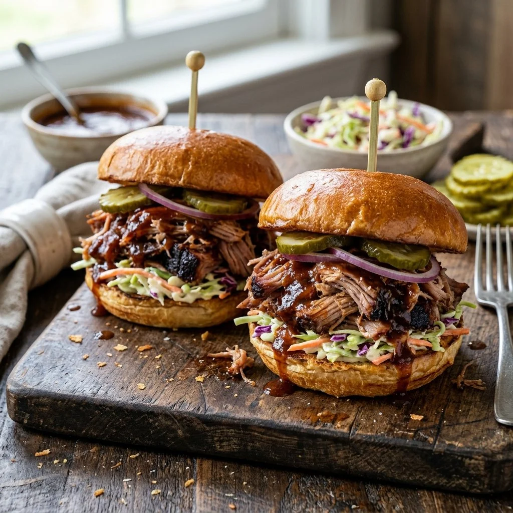 Delicious pulled pork sandwiches stacked with BBQ sauce and coleslaw