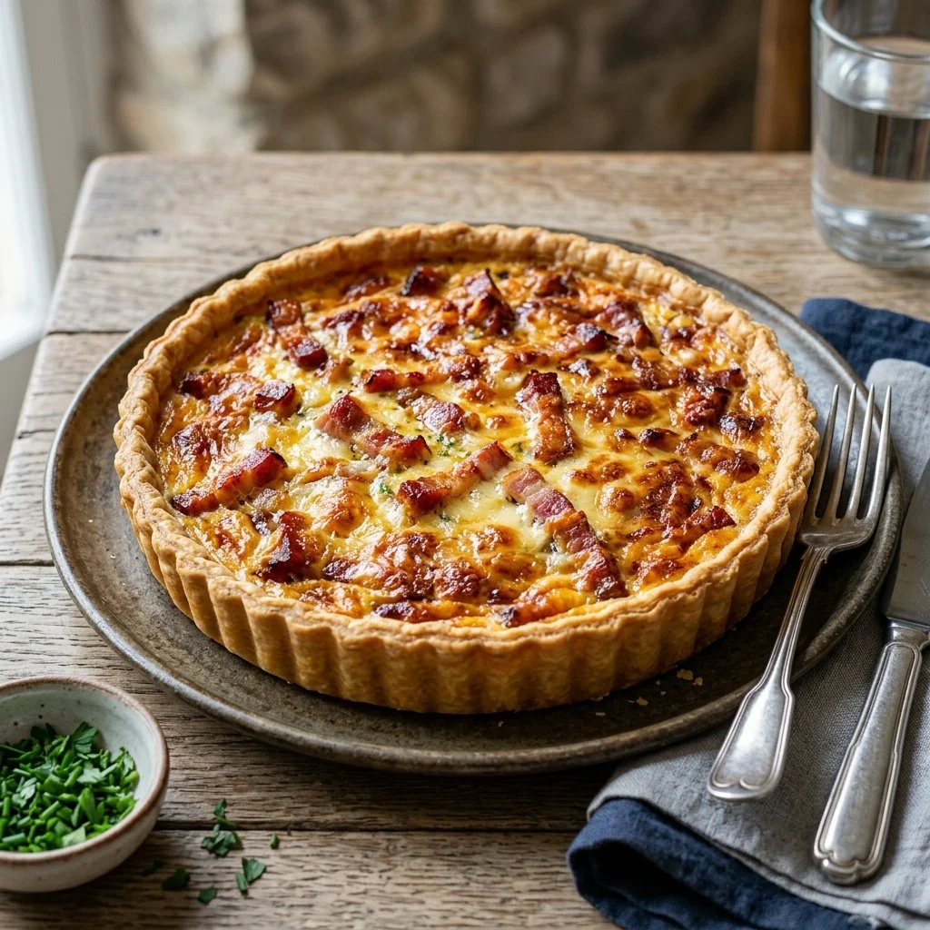 Delicious homemade Quiche Lorraine with bacon and cheese served on a plate