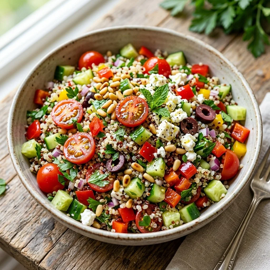 Fresh and colorful quinoa salad with vegetables and herbs