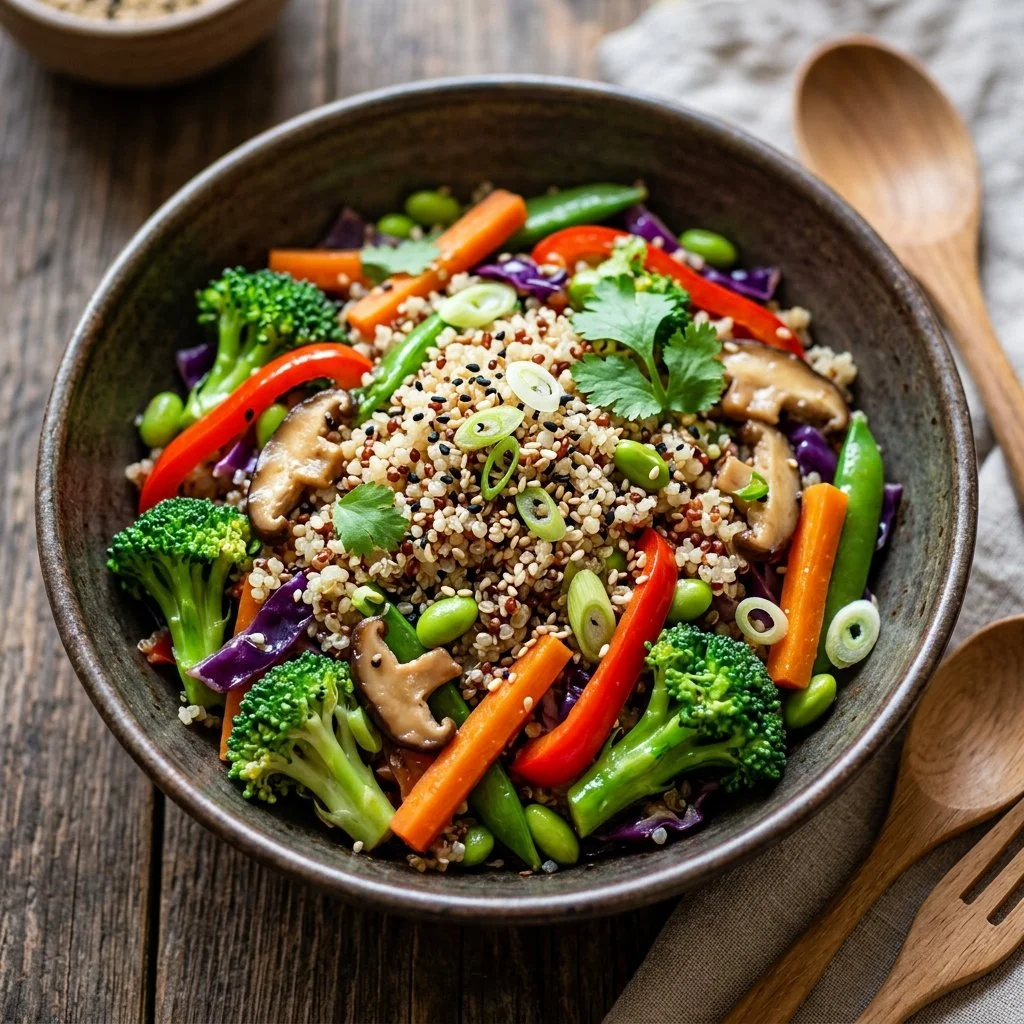 Colorful quinoa stir fry with fresh vegetables in a bowl