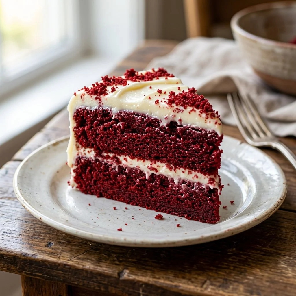 Delicious homemade Red Velvet Cake with cream cheese frosting