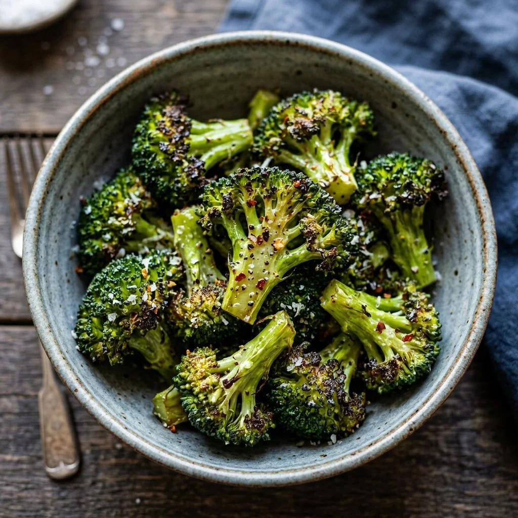 A plate of tasty roasted broccoli garnished with herbs and spices