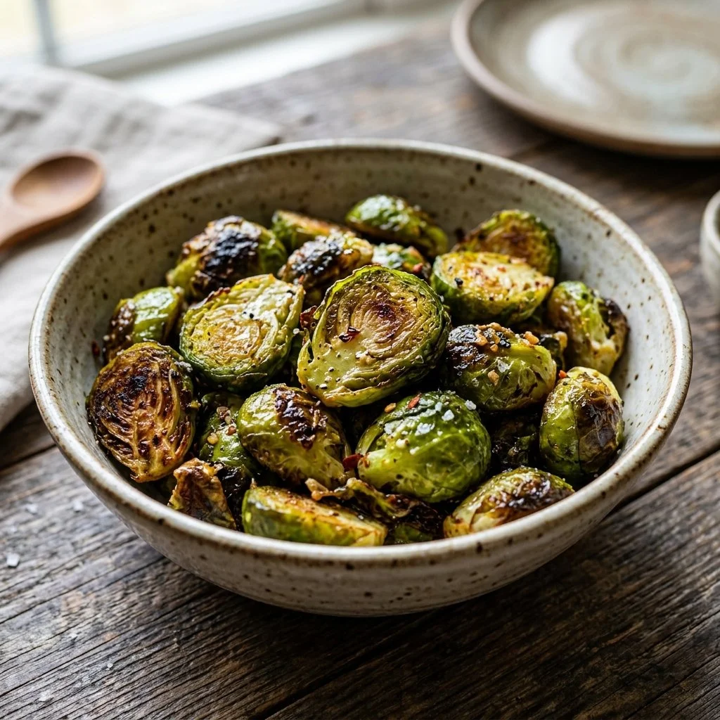 Oven-roasted Brussels sprouts garnished with herbs and spices.