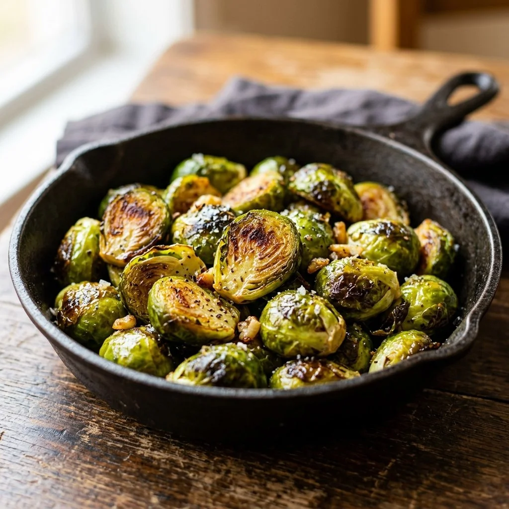 Delicious roasted Brussels sprouts on a baking tray, ready to serve.