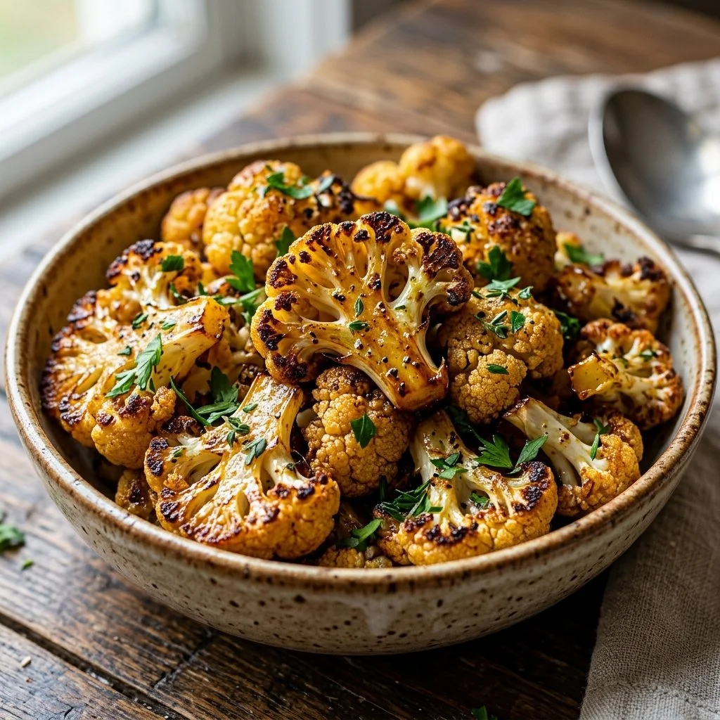 Deliciously roasted cauliflower garnished with herbs and spices