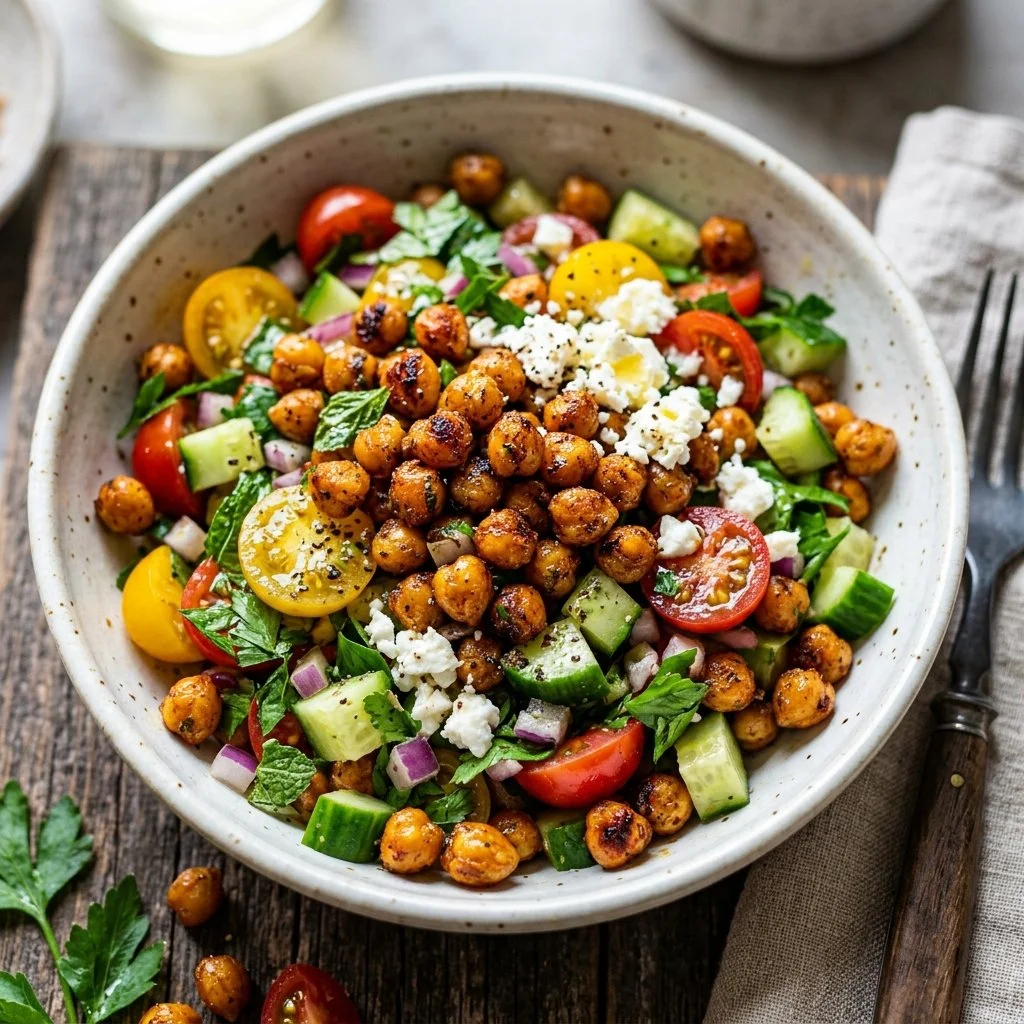 Delicious roasted chickpea salad with fresh vegetables and dressing.