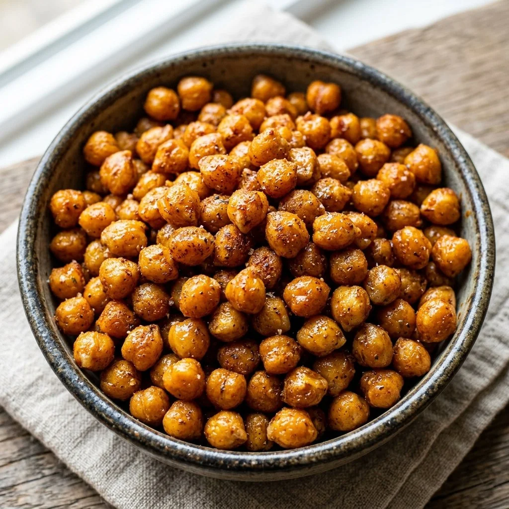 Bowl of crispy roasted chickpeas seasoned with spices