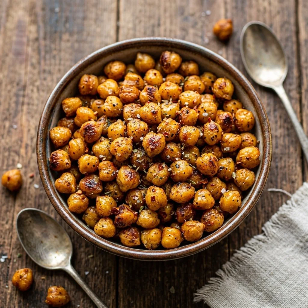 Bowl of crispy roasted chickpeas seasoned with spices