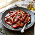 Delicious roasted red peppers on a plate, perfect for salads and dips