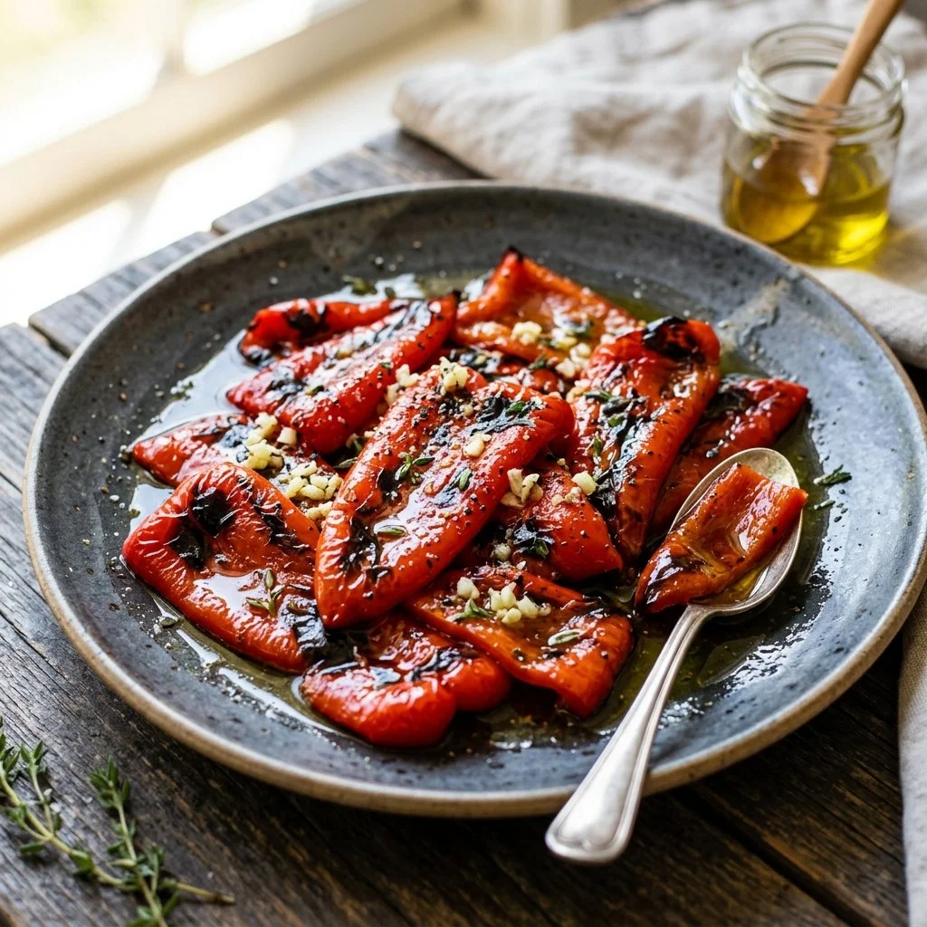 Delicious roasted red peppers on a plate, perfect for salads and dips