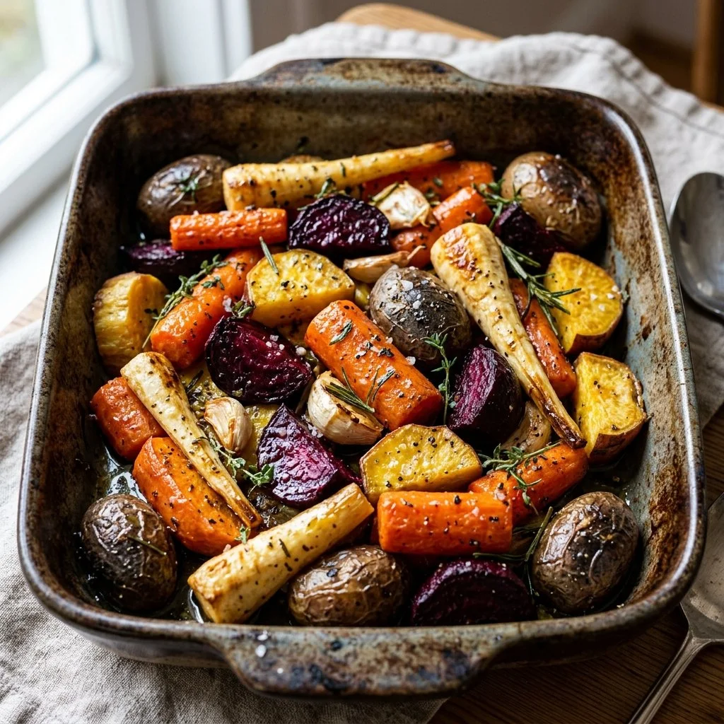 A colorful platter of roasted root vegetables including carrots, parsnips, and beets.