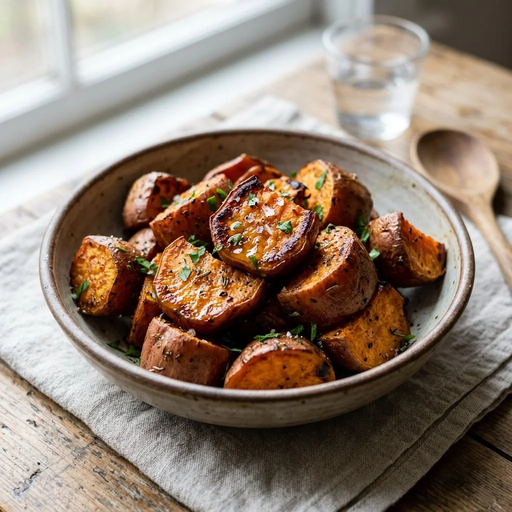 Bowl of golden roasted sweet potatoes garnished with herbs
