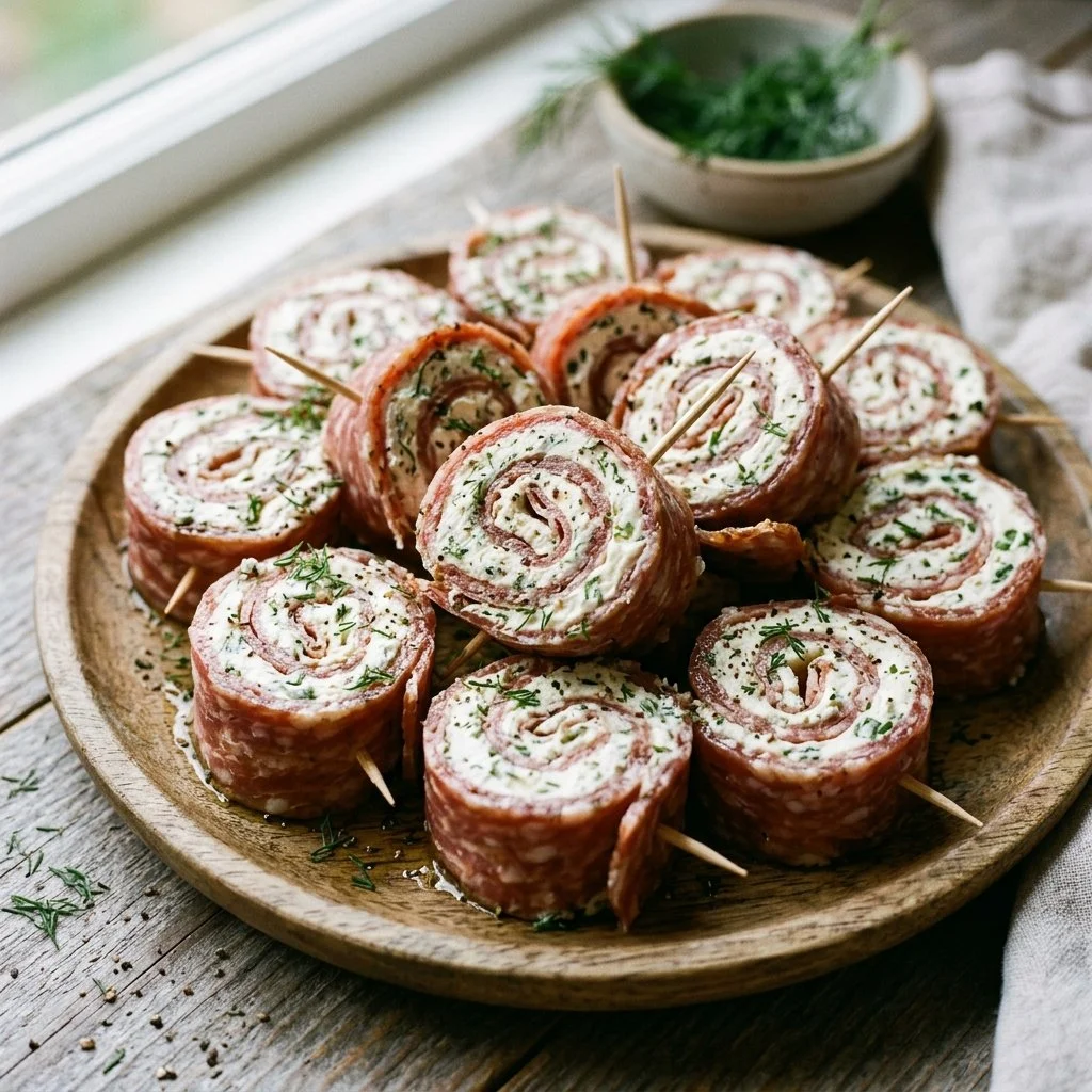 Salami cream cheese roll ups served on a platter