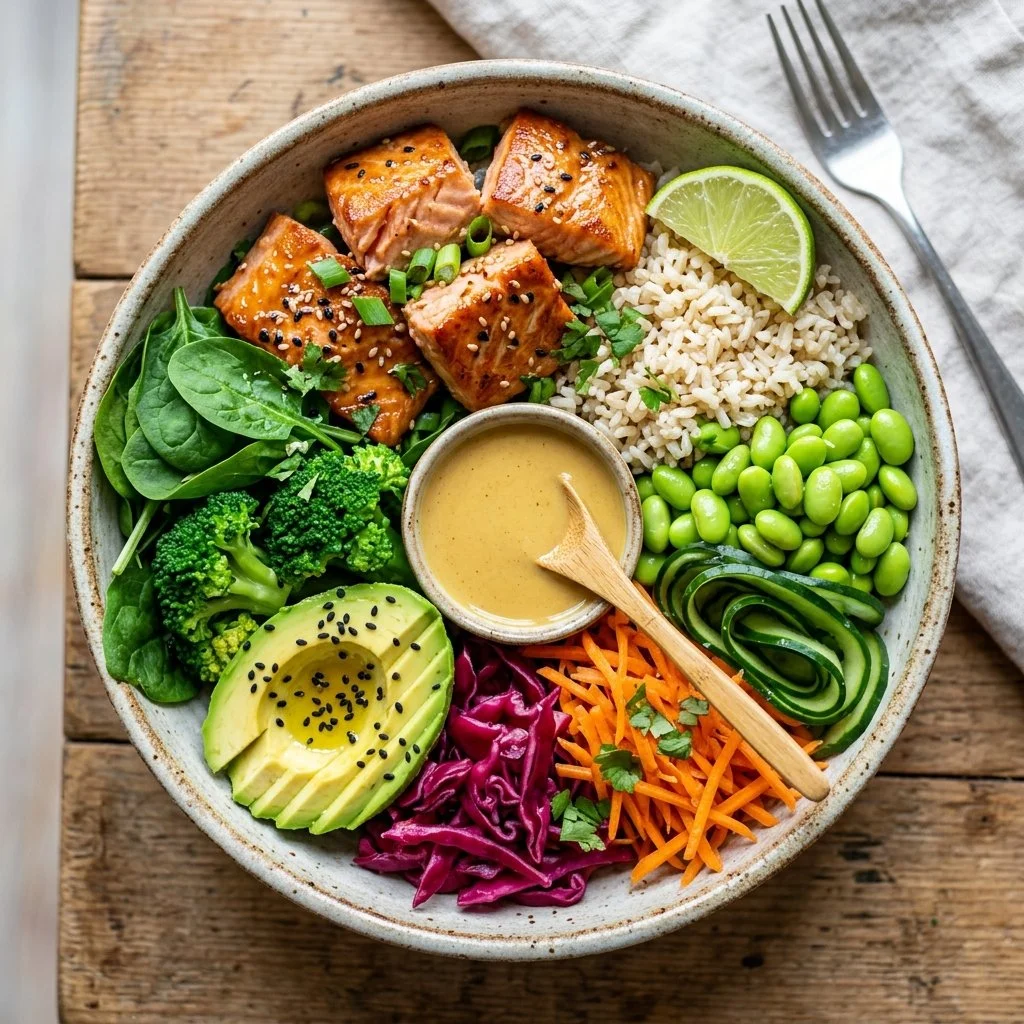 Delicious and nutritious Salmon Buddha Bowl with fresh vegetables and grains.