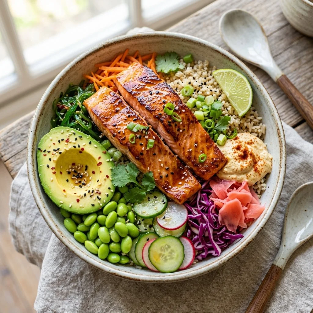Healthy Salmon Buddha Bowl with fresh vegetables and grains