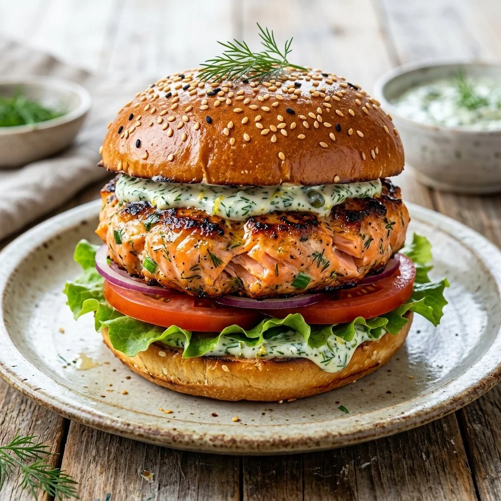 Grilled salmon burgers served with fresh toppings and a side of vegetables.