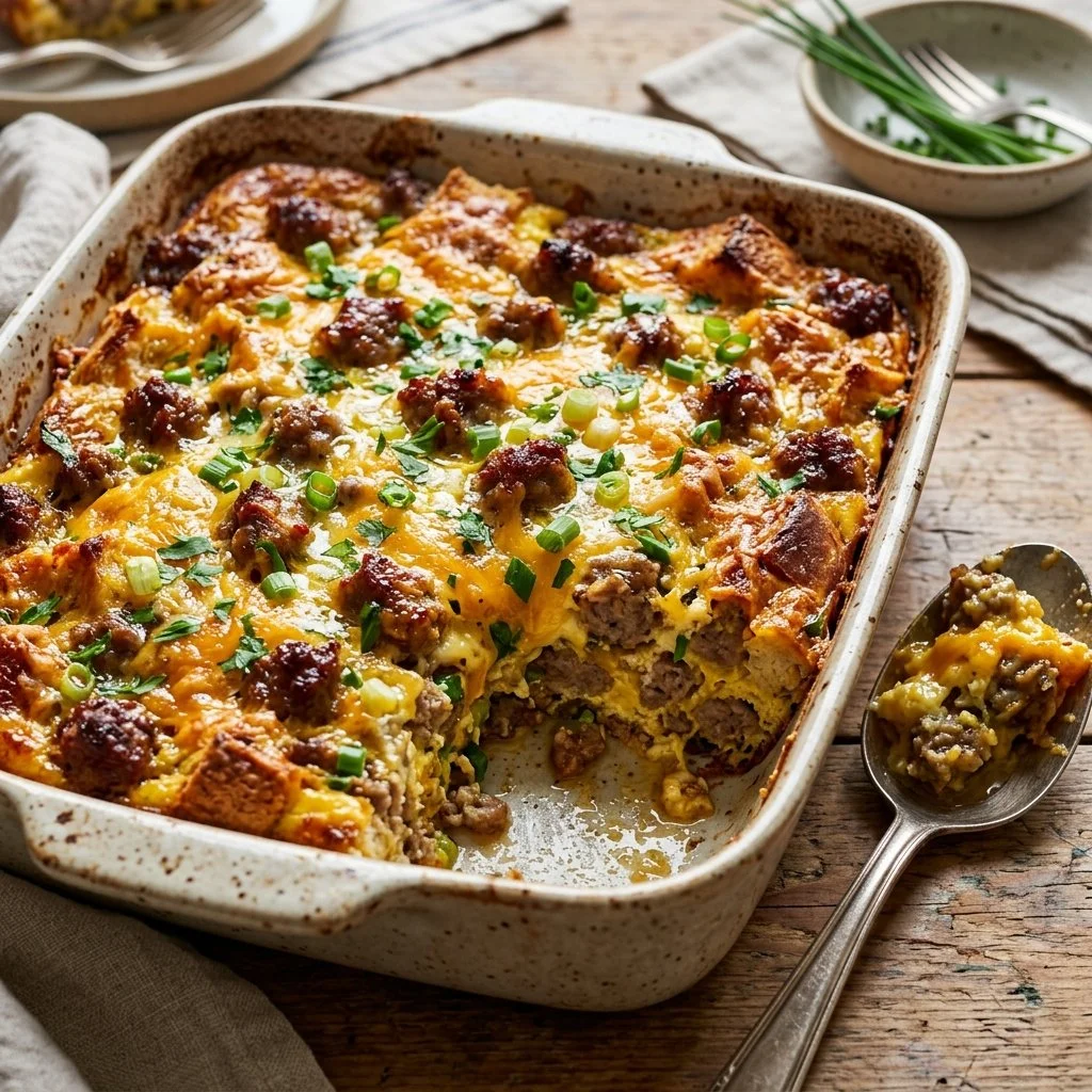 Delicious Sausage Breakfast Casserole with eggs, cheese, and sausage