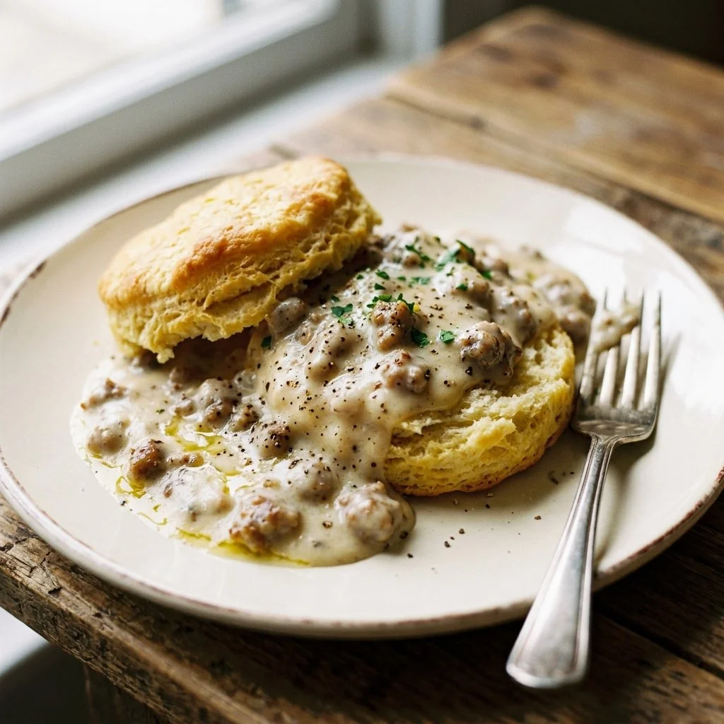 Delicious sausage gravy served over warm biscuits