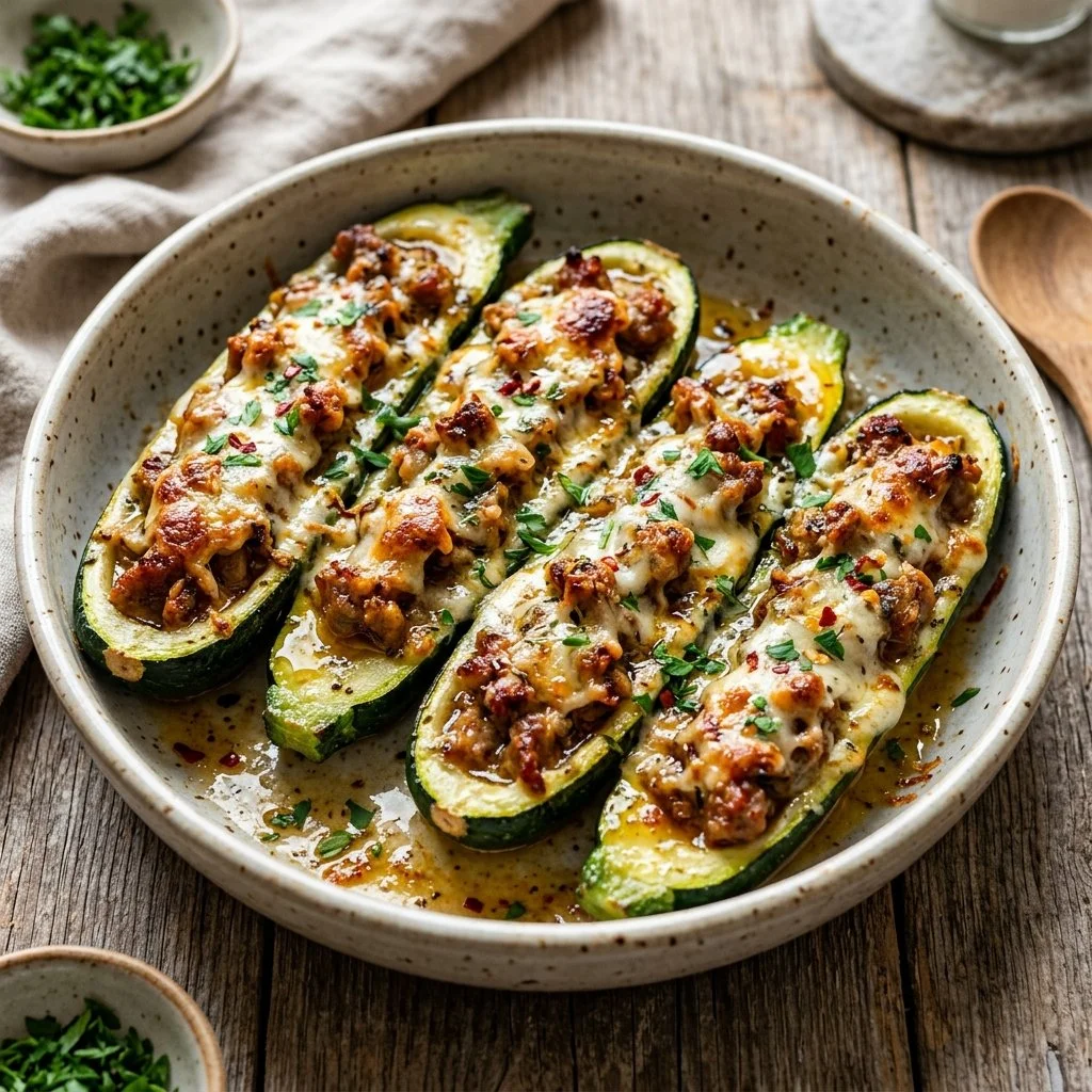 Sausage stuffed zucchini boats filled with cheese and herbs.