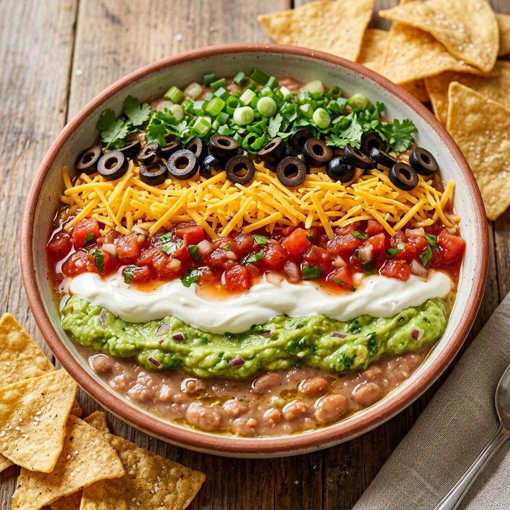 A colorful Seven Layer Dip served in a dish, showcasing its vibrant layers.