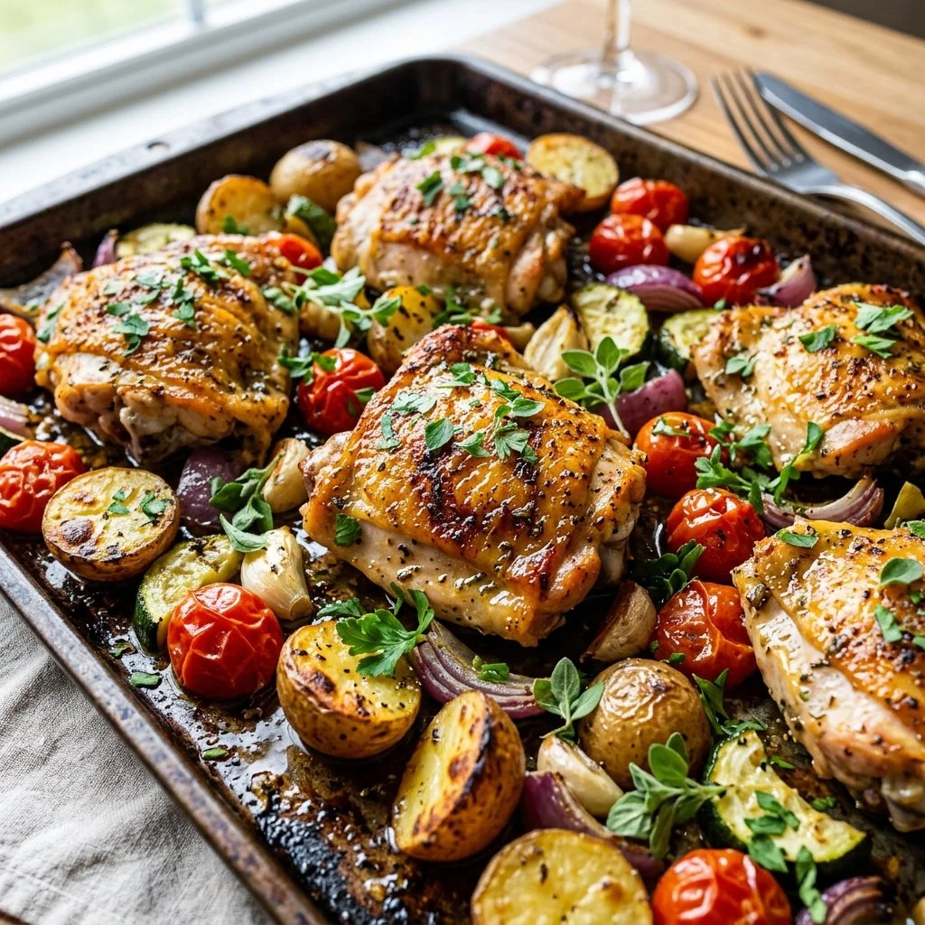 Delicious roasted Sheet Pan Chicken with vegetables for a quick dinner