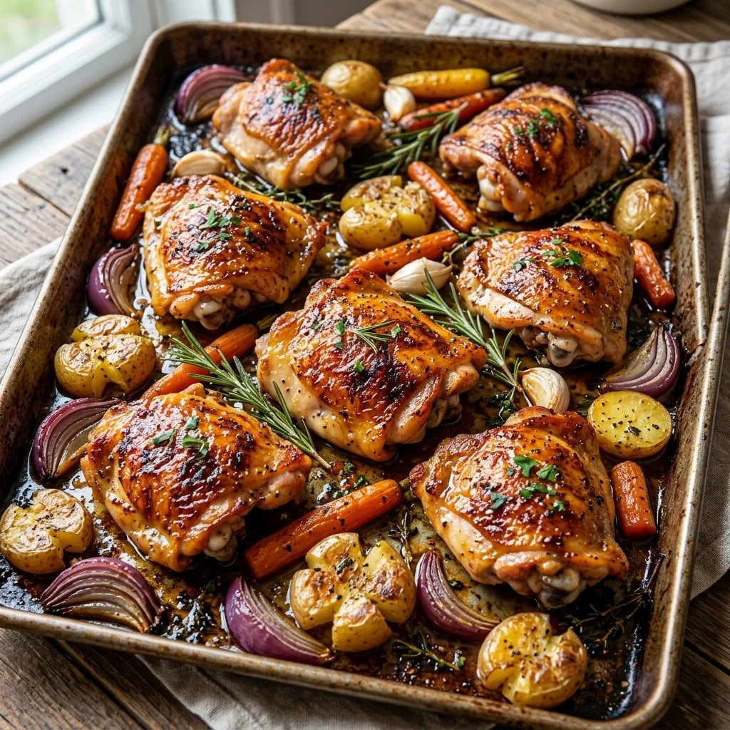 Delicious sheet pan chicken thighs roasted with vegetables