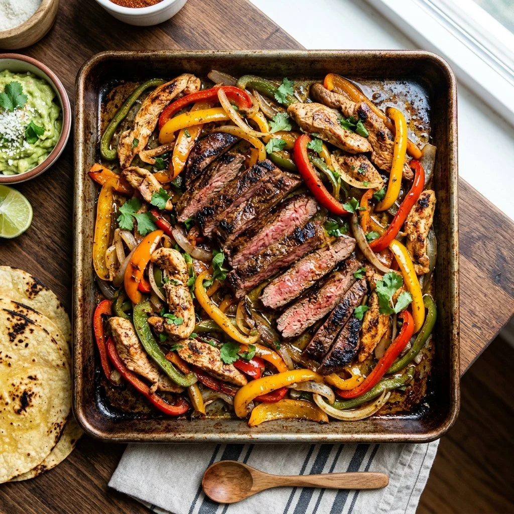 Colorful sheet pan fajitas with chicken and vegetables ready to serve