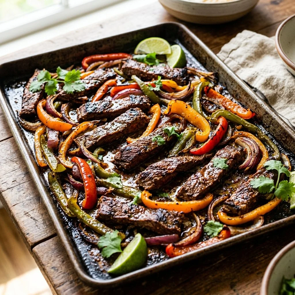 Colorful sheet pan fajitas with chicken and veggies ready to serve