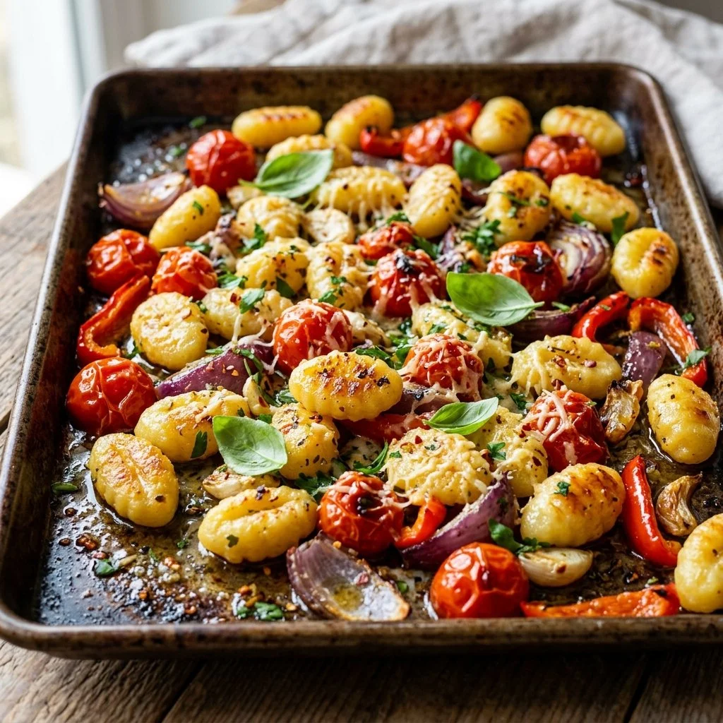 Delicious sheet pan gnocchi with colorful roasted vegetables