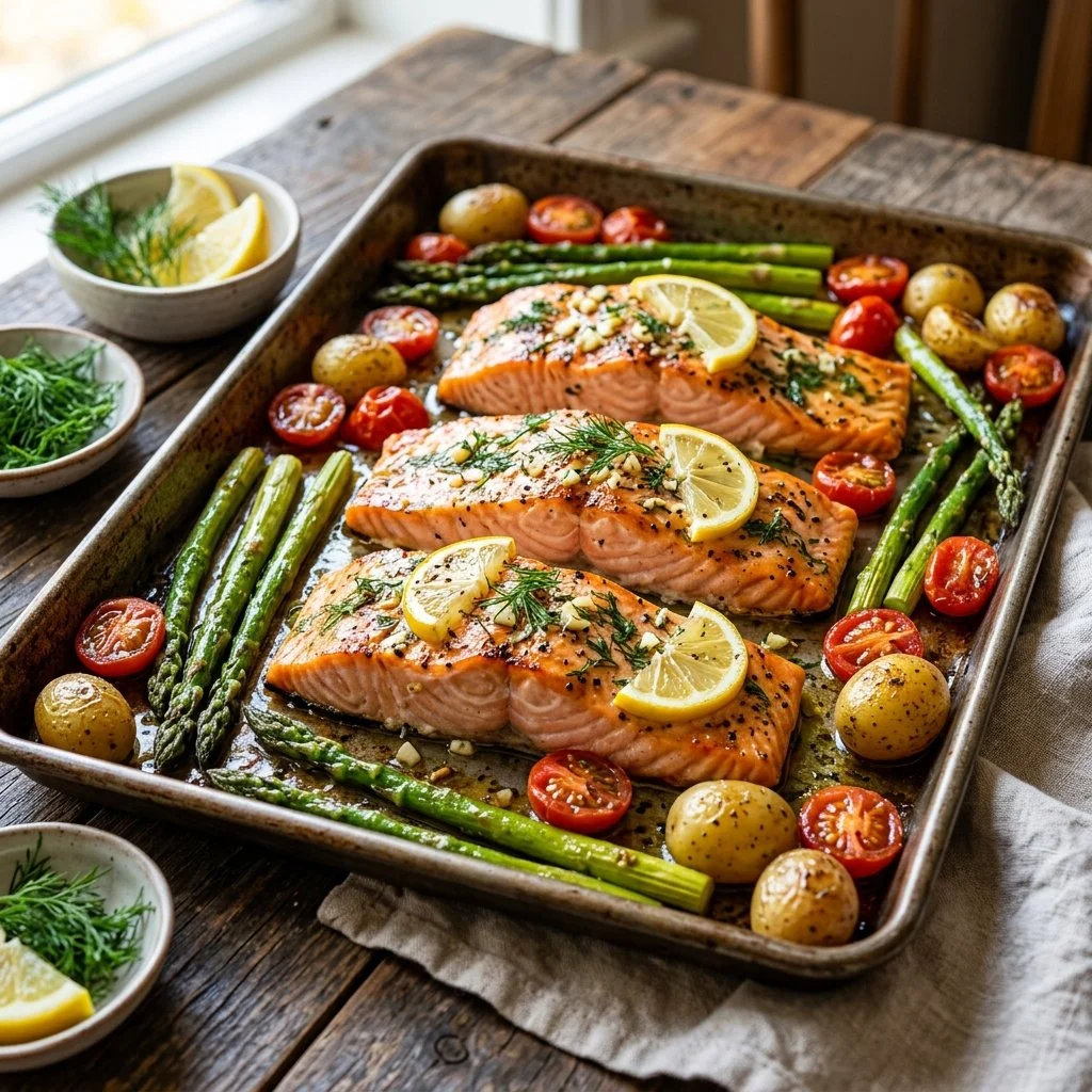 Sheet pan featuring perfectly cooked salmon and colorful vegetables.