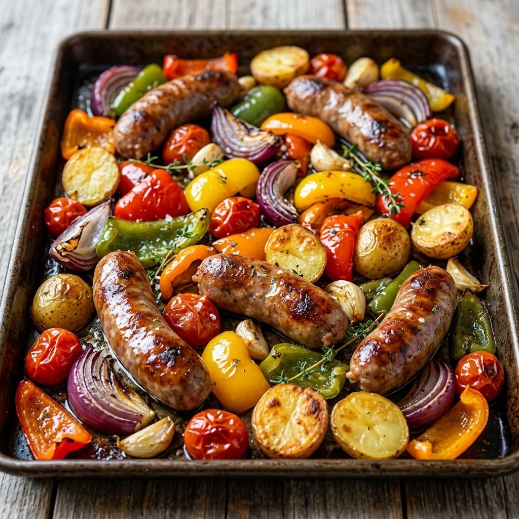 Delicious sheet pan sausage dinner with vegetables on a baking tray.