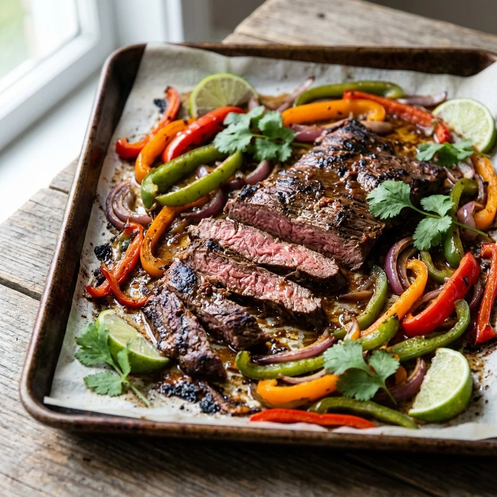 Delicious sheet pan steak fajitas with bell peppers and onions