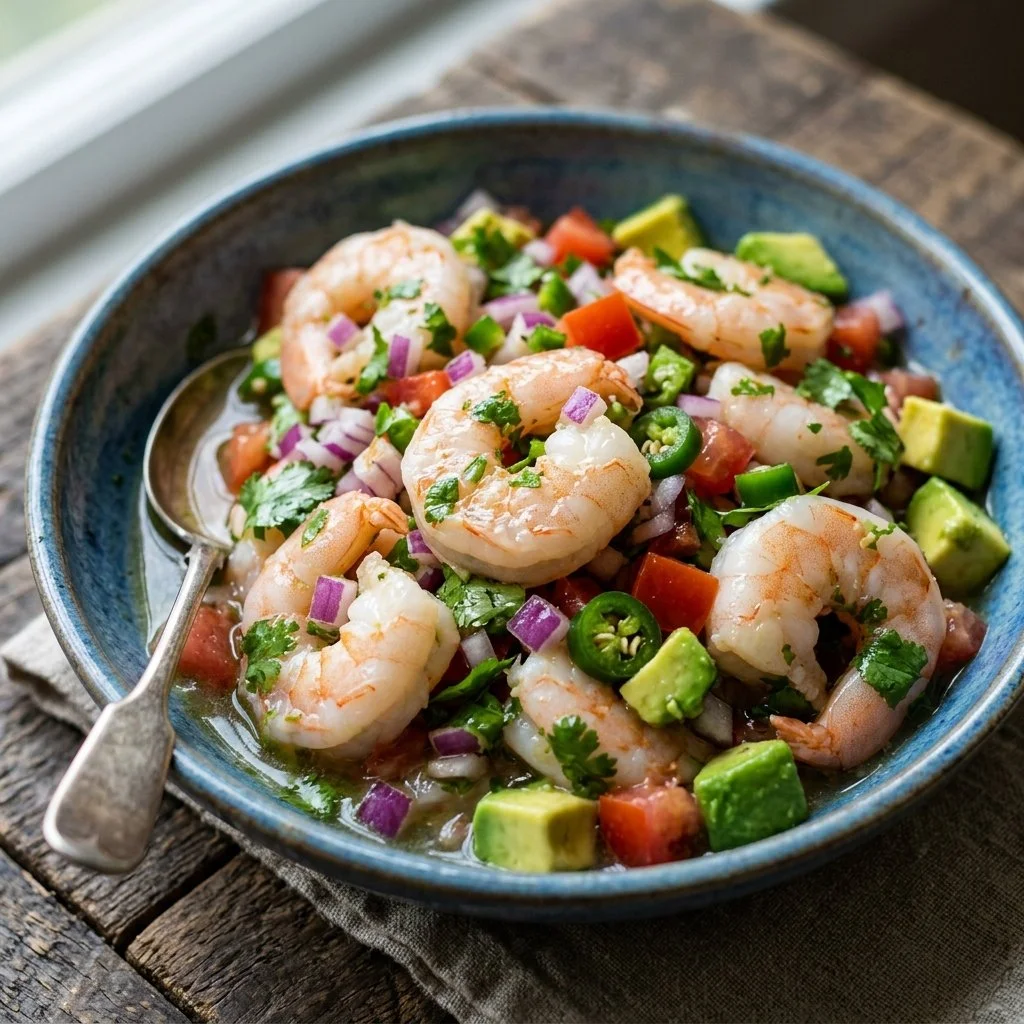 Delicious shrimp ceviche served with lime and cilantro.