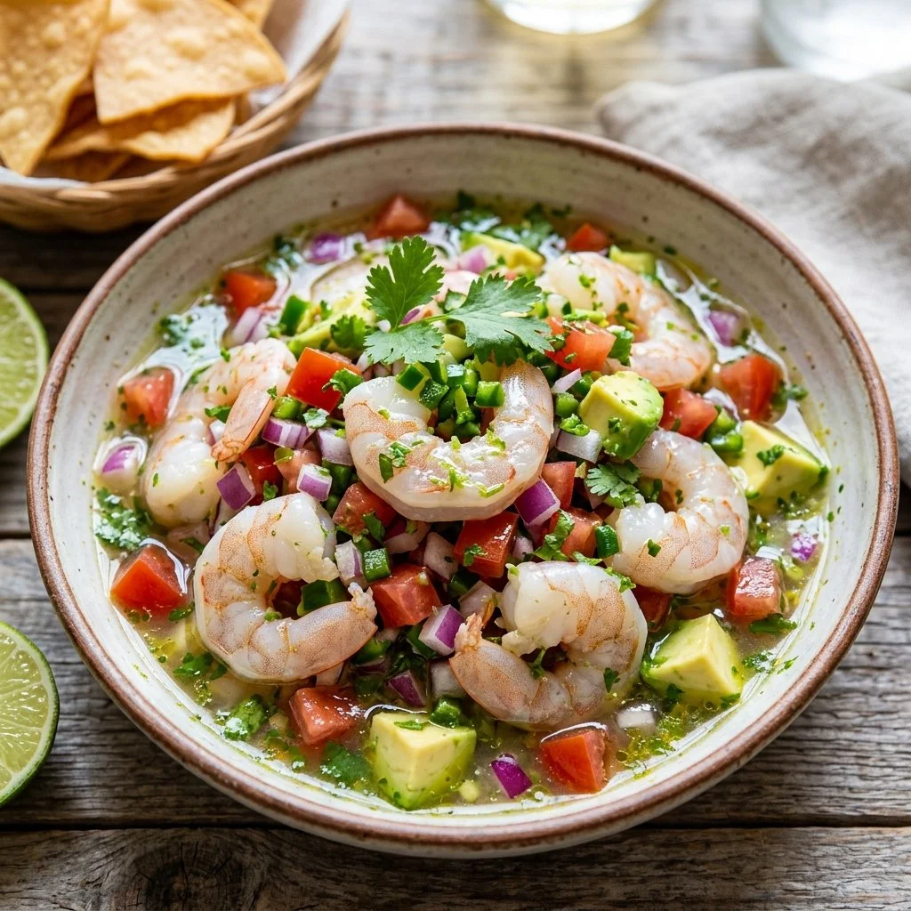 Fresh shrimp ceviche served with lime and cilantro, garnished for a vibrant dish.