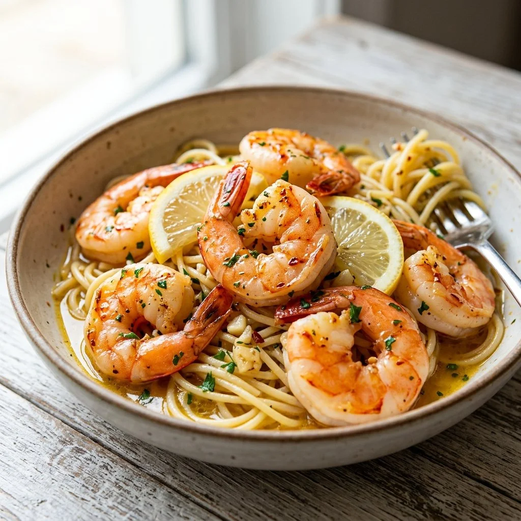Delicious shrimp scampi with garlic and butter sauce served on a plate.