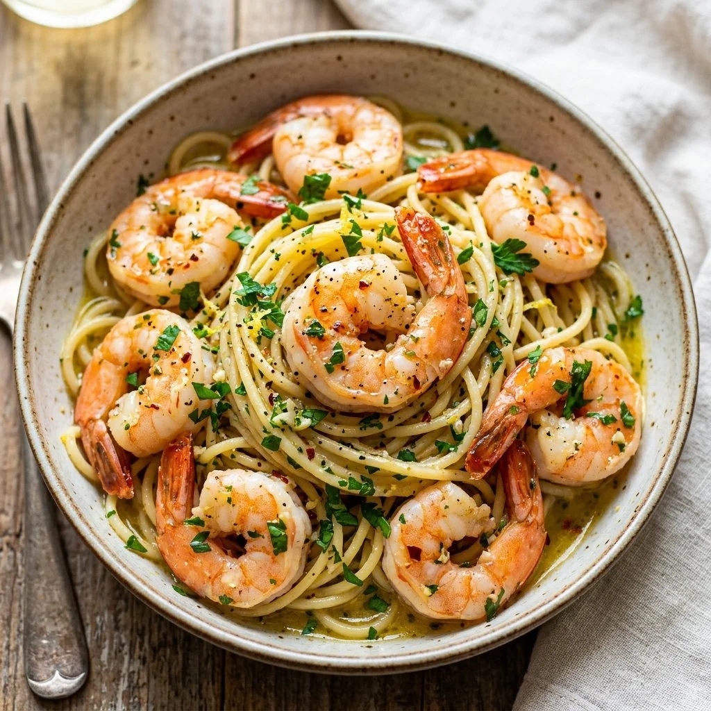 Plate of shrimp scampi pasta garnished with parsley and garlic