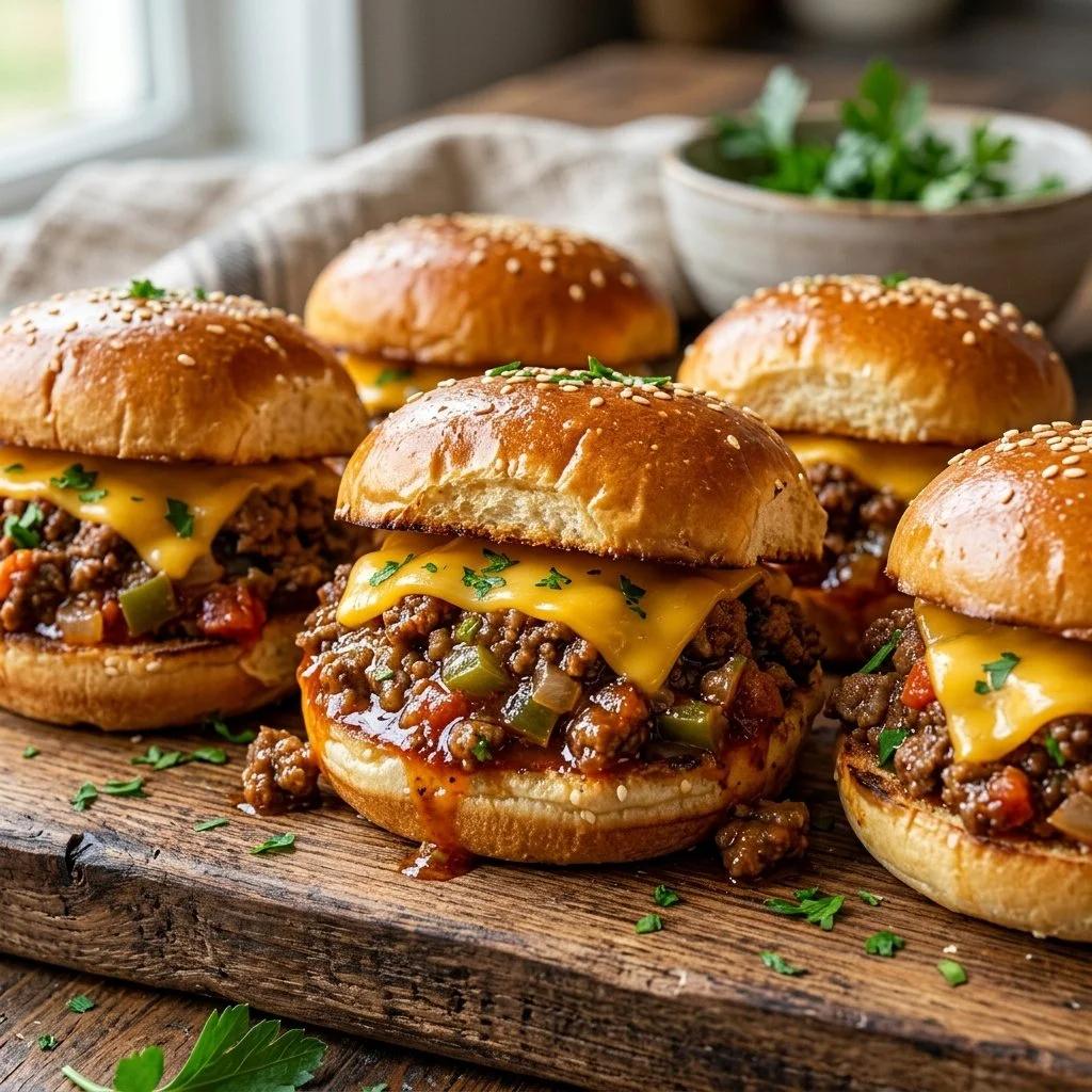 Delicious Sloppy Joe Sliders served on a wooden platter.